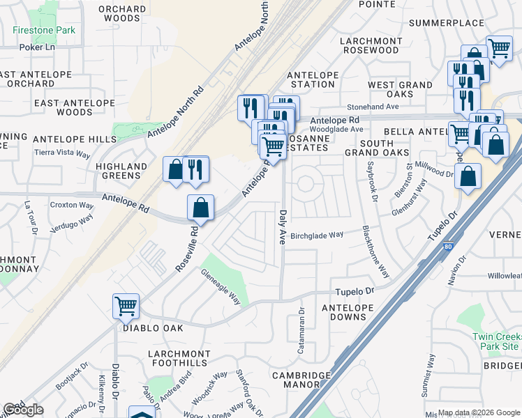 map of restaurants, bars, coffee shops, grocery stores, and more near 7437 Topanga Lane in Sacramento