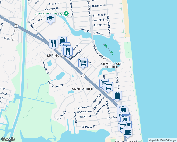 map of restaurants, bars, coffee shops, grocery stores, and more near 38344 Josephine Street in Rehoboth Beach