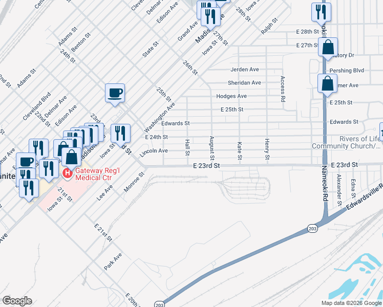 map of restaurants, bars, coffee shops, grocery stores, and more near 2304 Lincoln Avenue in Granite City