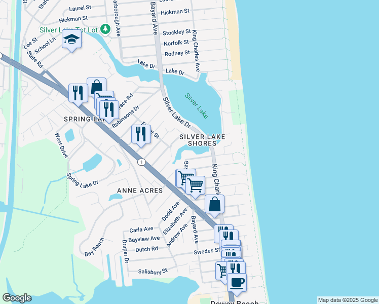 map of restaurants, bars, coffee shops, grocery stores, and more near 127 Chesapeake Street in Dewey Beach