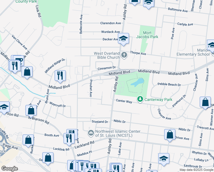 map of restaurants, bars, coffee shops, grocery stores, and more near 10553 Silkwood Court in St. Louis