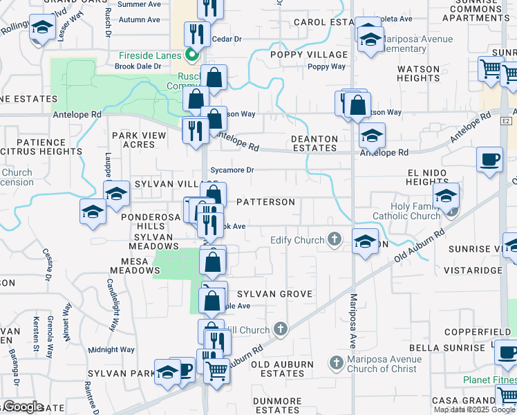 map of restaurants, bars, coffee shops, grocery stores, and more near 7572 Pratt Avenue in Citrus Heights