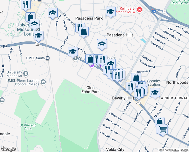 map of restaurants, bars, coffee shops, grocery stores, and more near 7260 Normandy Place in St. Louis