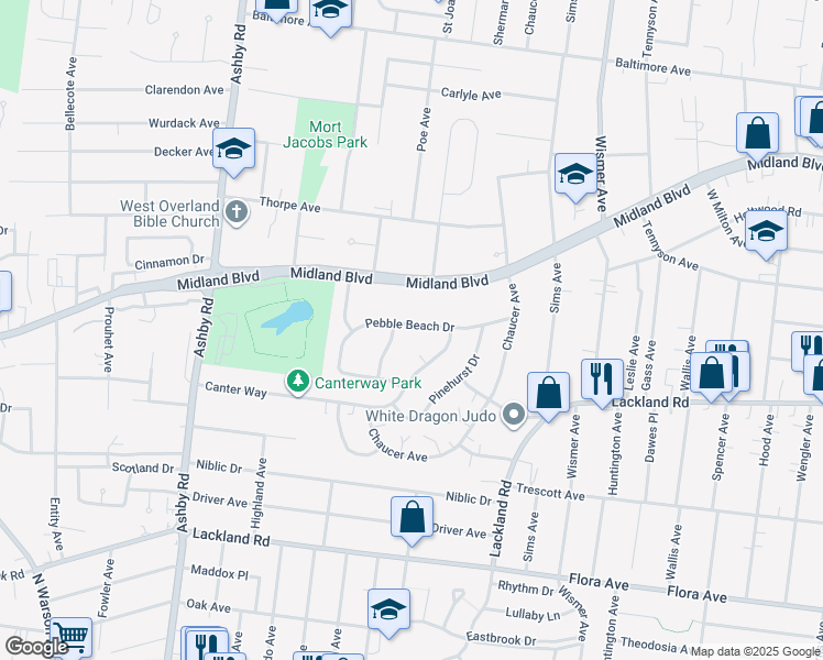 map of restaurants, bars, coffee shops, grocery stores, and more near 10120 Pebble Beach Drive in Overland