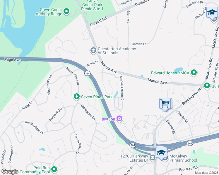 map of restaurants, bars, coffee shops, grocery stores, and more near 12931 Polo Parc Drive in St. Louis