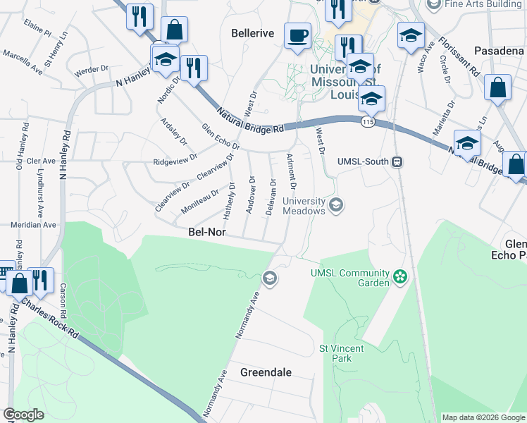 map of restaurants, bars, coffee shops, grocery stores, and more near 2935 Delavan Drive in St. Louis