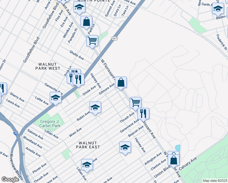 map of restaurants, bars, coffee shops, grocery stores, and more near 5531 Robin Ave in St Louis