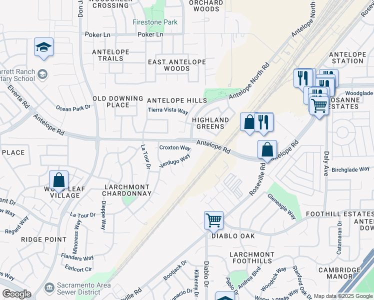map of restaurants, bars, coffee shops, grocery stores, and more near 7565 Verdugo Way in Sacramento