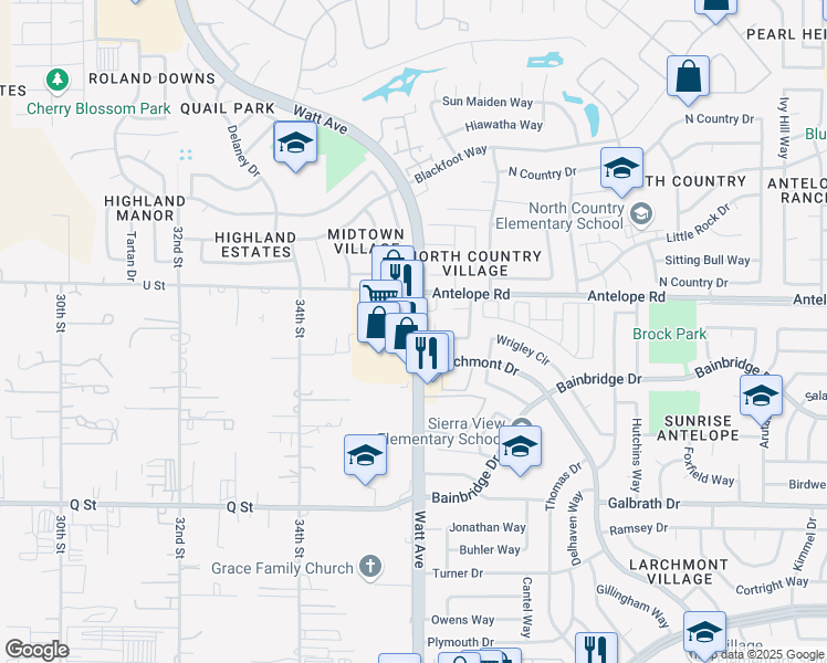 map of restaurants, bars, coffee shops, grocery stores, and more near 7477 Watt Avenue in North Highlands