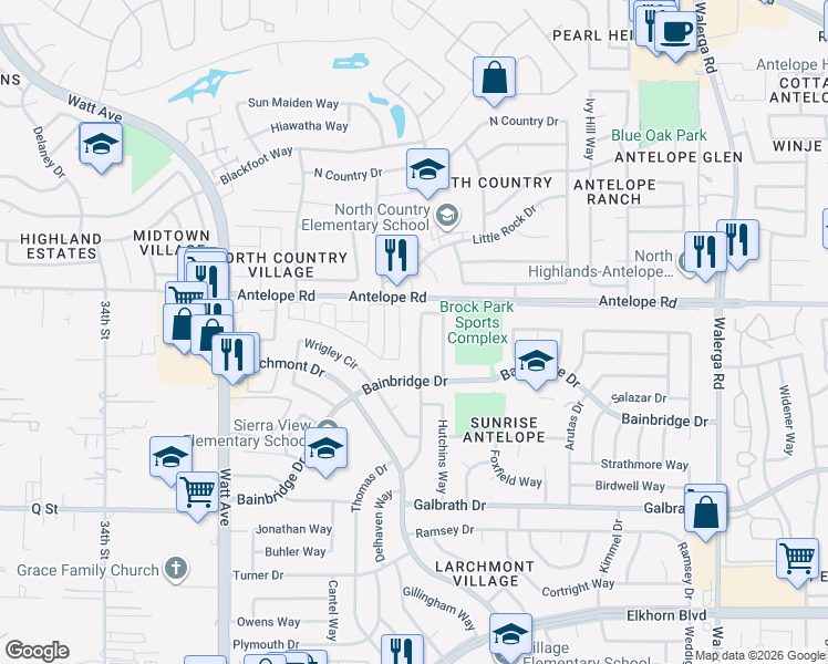 map of restaurants, bars, coffee shops, grocery stores, and more near 7353 Washburn Way in North Highlands
