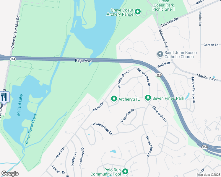map of restaurants, bars, coffee shops, grocery stores, and more near 13329 Amiot Drive in St. Louis