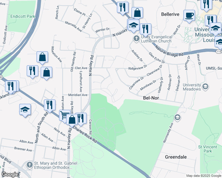 map of restaurants, bars, coffee shops, grocery stores, and more near 7655 Horatio Drive in St. Louis