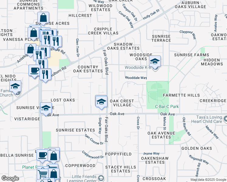map of restaurants, bars, coffee shops, grocery stores, and more near 7506 Saint Philomena Way in Citrus Heights
