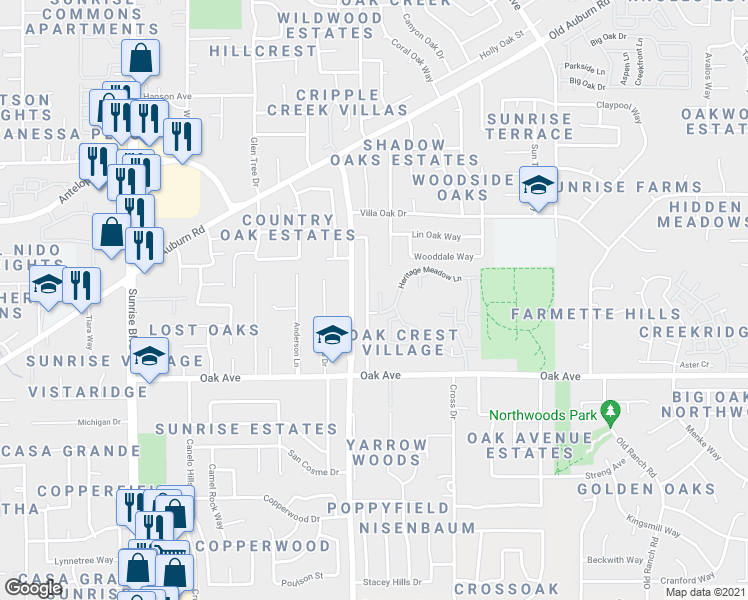 map of restaurants, bars, coffee shops, grocery stores, and more near 7506 Saint Philomena Way in Citrus Heights