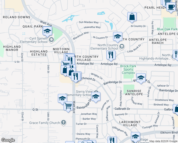 map of restaurants, bars, coffee shops, grocery stores, and more near 3817 Wrigley Circle in North Highlands