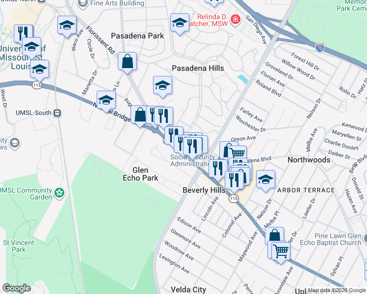 map of restaurants, bars, coffee shops, grocery stores, and more near 3818 Roland Boulevard in St. Louis