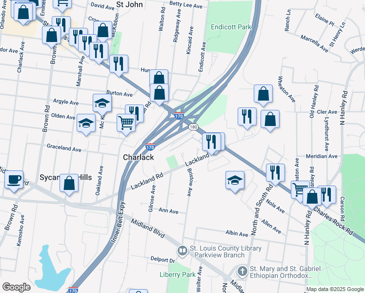 map of restaurants, bars, coffee shops, grocery stores, and more near 2678 San Rafael Place in St. Louis