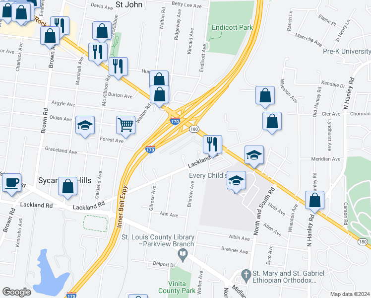 map of restaurants, bars, coffee shops, grocery stores, and more near 2678 San Rafael Place in St. Louis
