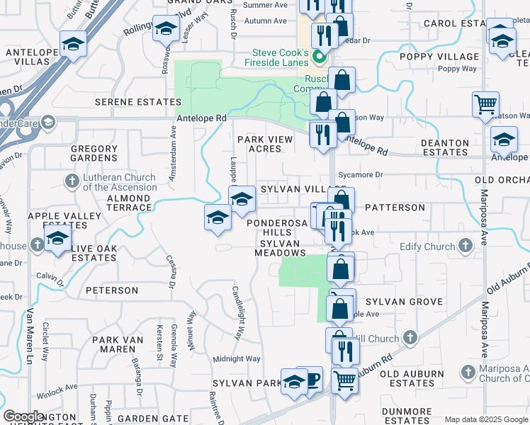map of restaurants, bars, coffee shops, grocery stores, and more near 7404 Pratt Avenue in Citrus Heights