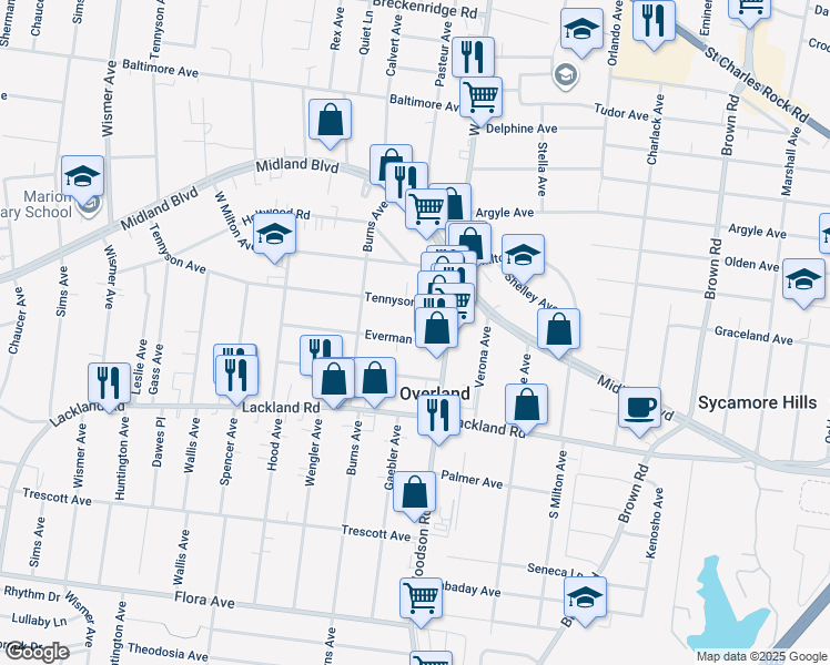 map of restaurants, bars, coffee shops, grocery stores, and more near 9413 Everman Avenue in Overland