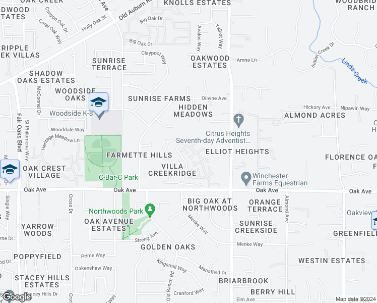 map of restaurants, bars, coffee shops, grocery stores, and more near 7617 Creekridge Lane in Citrus Heights