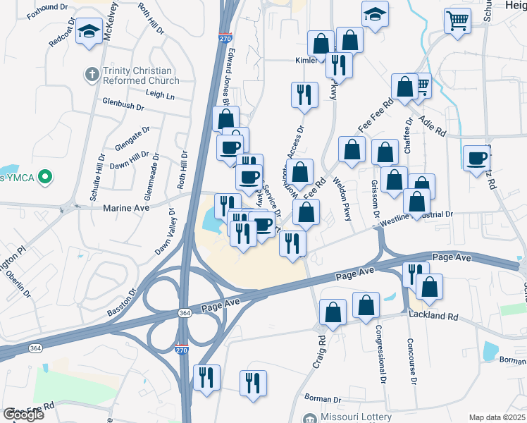 map of restaurants, bars, coffee shops, grocery stores, and more near 2330 West Port Plaza Drive in Saint Louis