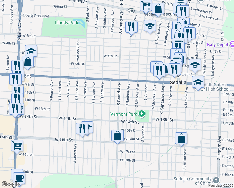 map of restaurants, bars, coffee shops, grocery stores, and more near 908 South Grand Avenue in Sedalia