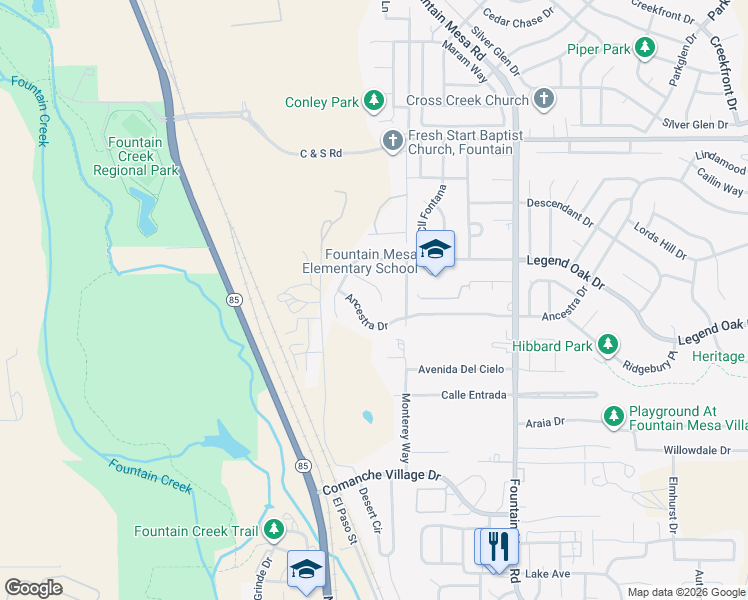 map of restaurants, bars, coffee shops, grocery stores, and more near 8857 Chalali Mesa Court in Fountain
