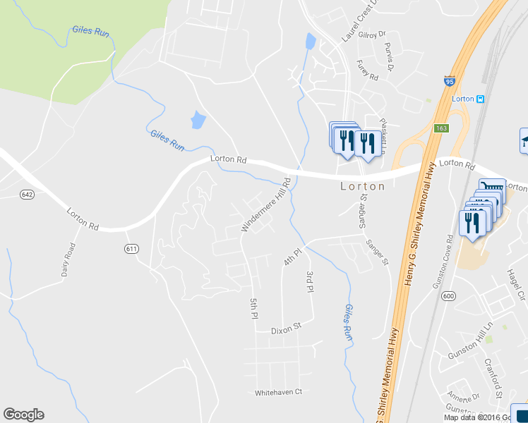 map of restaurants, bars, coffee shops, grocery stores, and more near 9400 Hucks Bridge Circle in Lorton