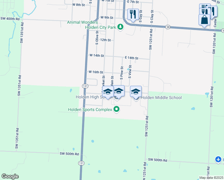 map of restaurants, bars, coffee shops, grocery stores, and more near 1901 South Main Street in Holden