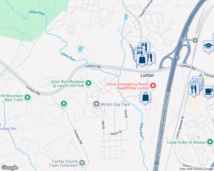 map of restaurants, bars, coffee shops, grocery stores, and more near 9400 Hucks Bridge Circle in Lorton