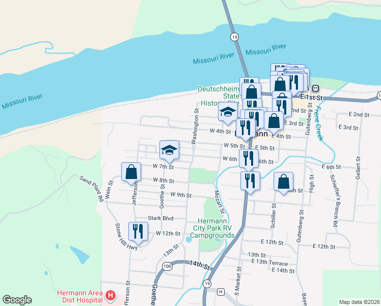 map of restaurants, bars, coffee shops, grocery stores, and more near 309 West 6th Street in Hermann