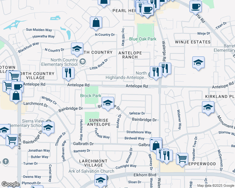 map of restaurants, bars, coffee shops, grocery stores, and more near 7425 Danfield Circle in North Highlands