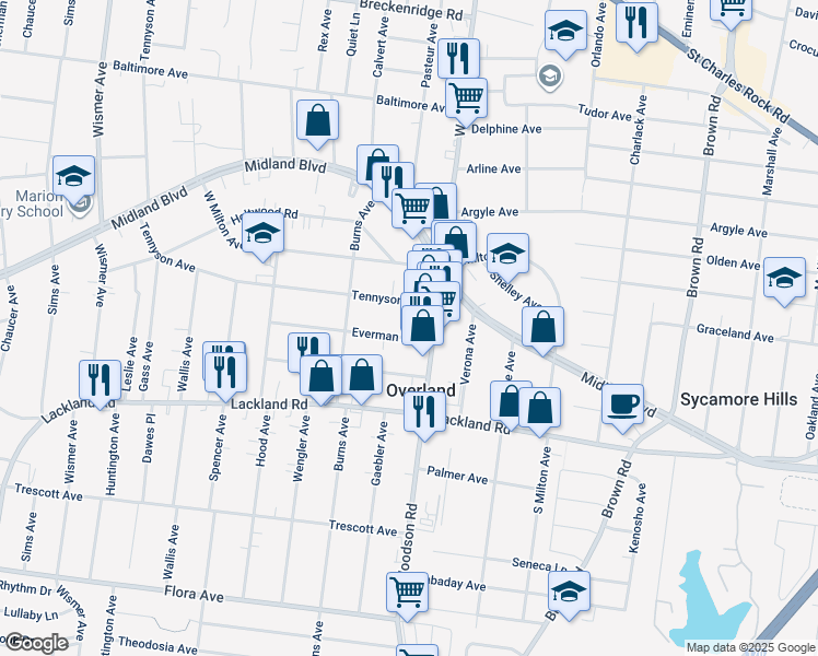 map of restaurants, bars, coffee shops, grocery stores, and more near 9413 Everman Avenue in Overland