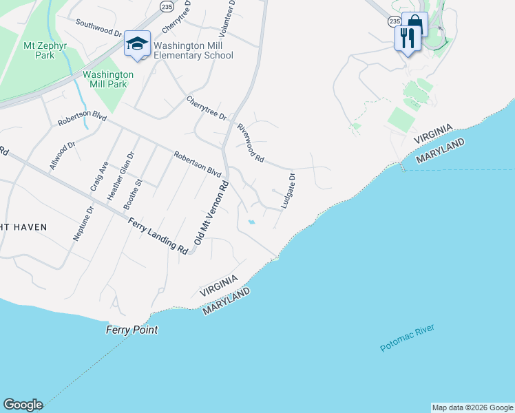 map of restaurants, bars, coffee shops, grocery stores, and more near 3707 Washington Woods Drive in Alexandria