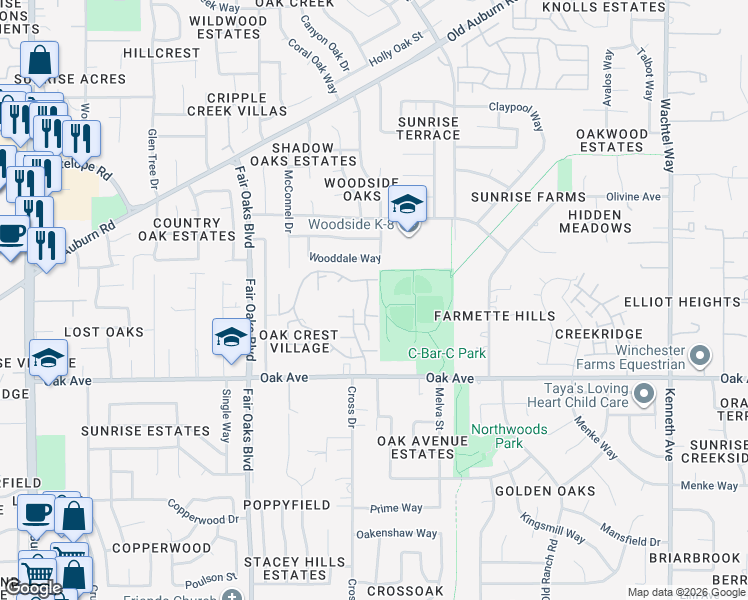 map of restaurants, bars, coffee shops, grocery stores, and more near 7522 Quail Vista Lane in Citrus Heights