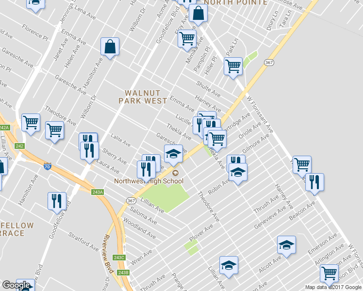map of restaurants, bars, coffee shops, grocery stores, and more near 5929 Garesche Avenue in St. Louis