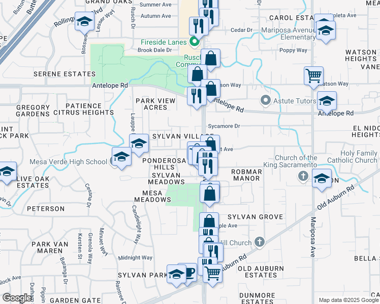 map of restaurants, bars, coffee shops, grocery stores, and more near 7526 Ripplewood Court in Citrus Heights