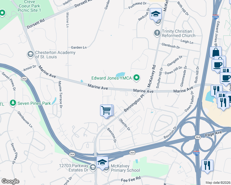 map of restaurants, bars, coffee shops, grocery stores, and more near 2331 Driftwood Place in St. Louis