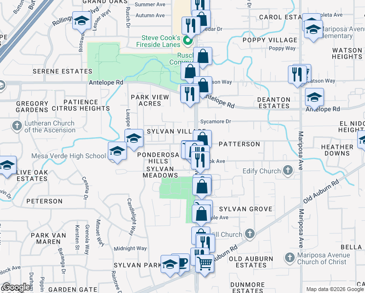 map of restaurants, bars, coffee shops, grocery stores, and more near 7526 Ripplewood Court in Citrus Heights