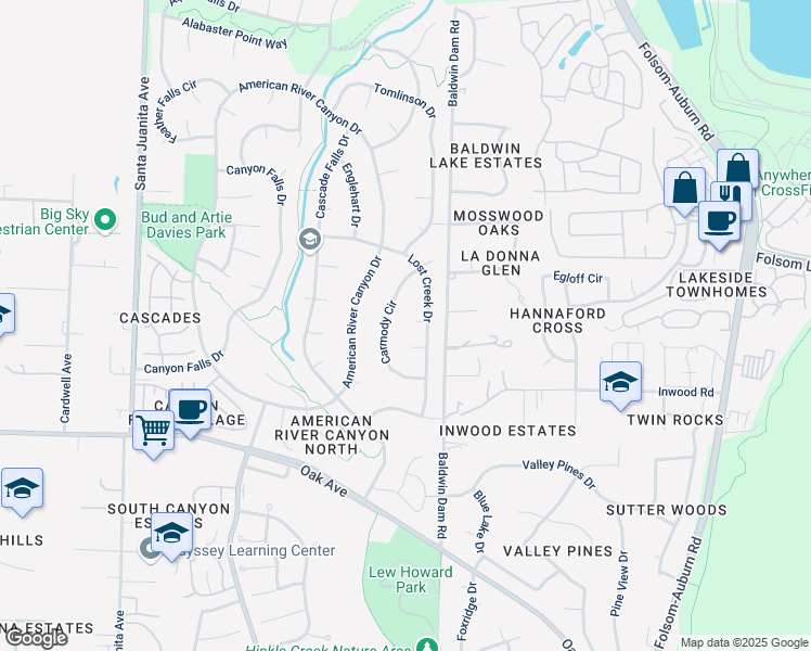 map of restaurants, bars, coffee shops, grocery stores, and more near 104 Calwell Ct in Folsom