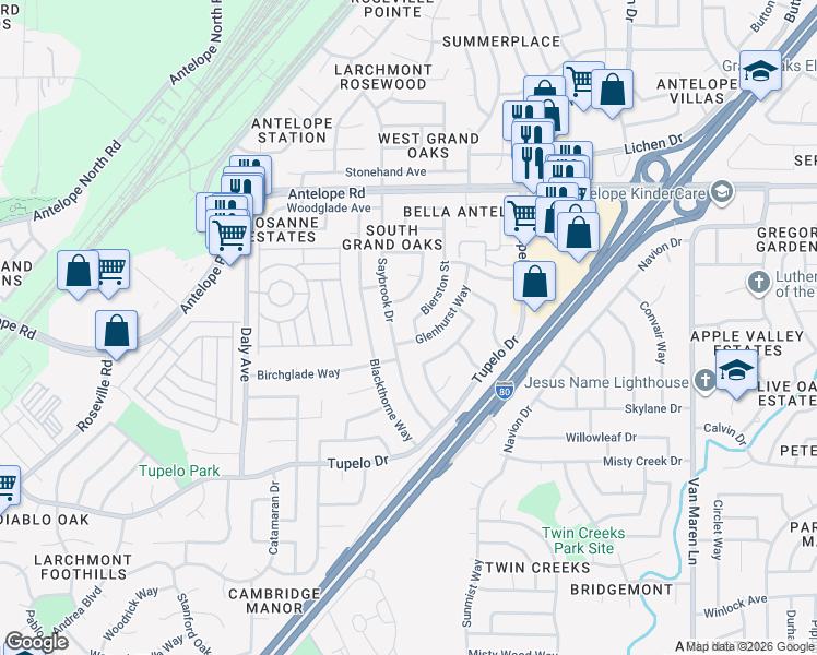 map of restaurants, bars, coffee shops, grocery stores, and more near 7537 Bierston Street in Citrus Heights