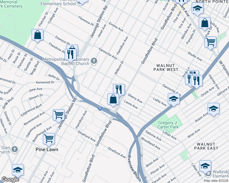 map of restaurants, bars, coffee shops, grocery stores, and more near 6337 Laura Avenue in Saint Louis