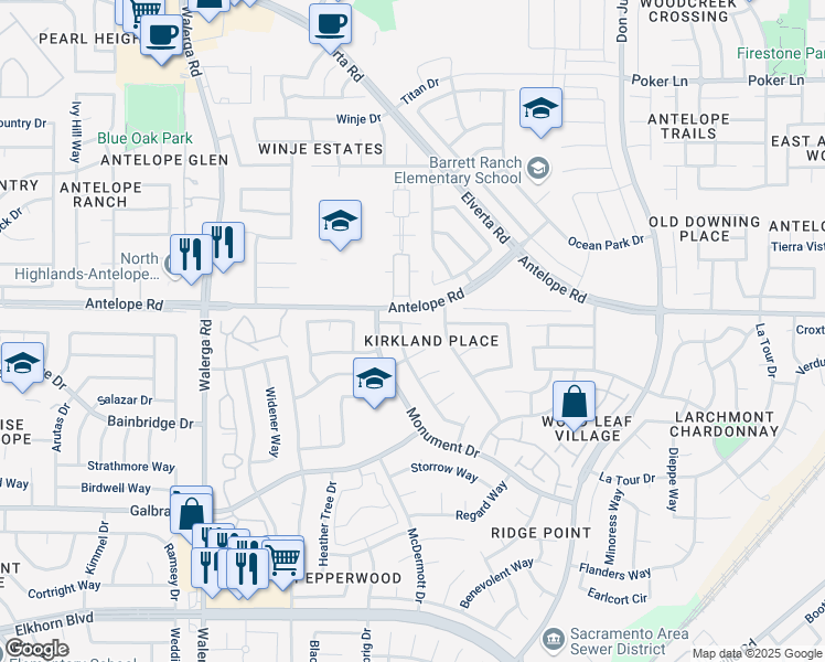map of restaurants, bars, coffee shops, grocery stores, and more near 4630 Luxford Court in Sacramento