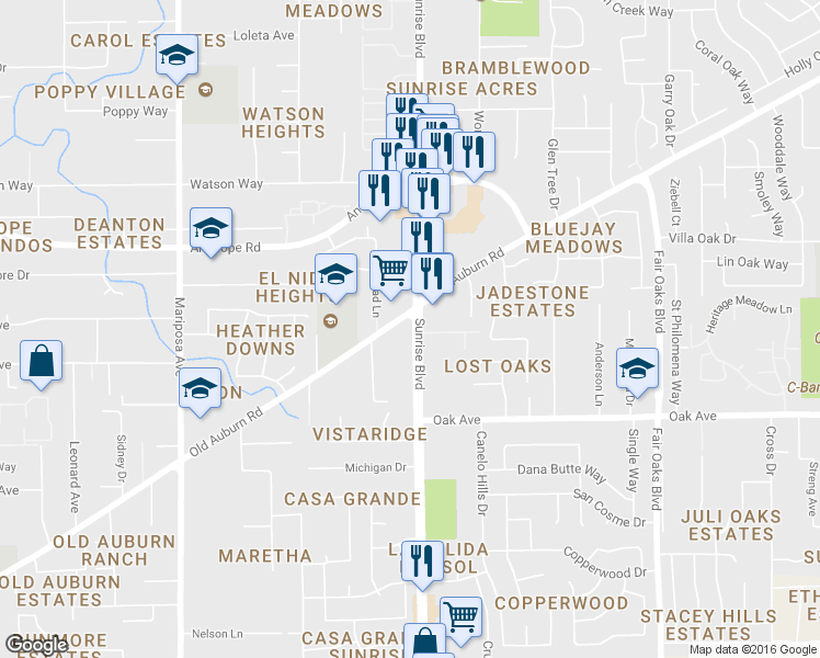 map of restaurants, bars, coffee shops, grocery stores, and more near 7579 Sunrise Boulevard in Citrus Heights
