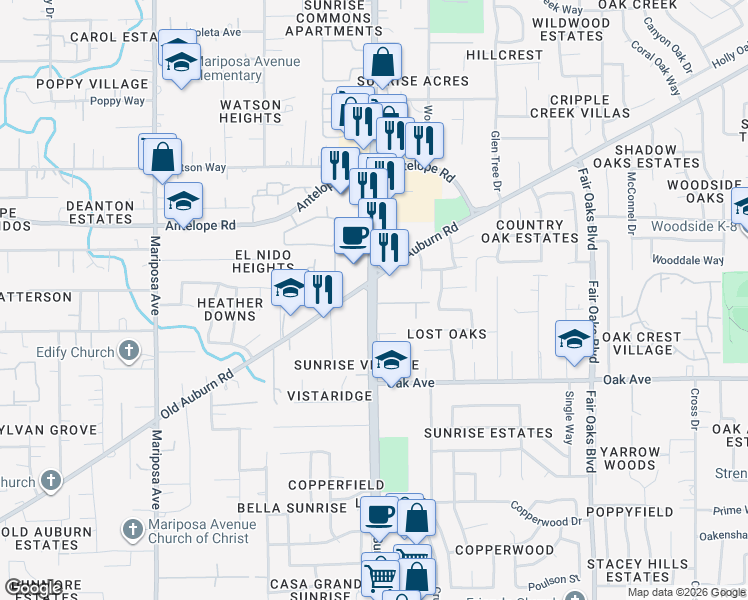 map of restaurants, bars, coffee shops, grocery stores, and more near in Citrus Heights
