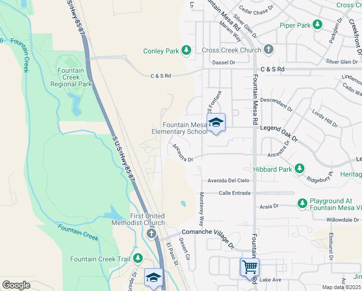 map of restaurants, bars, coffee shops, grocery stores, and more near 8857 Chalali Mesa Court in Fountain