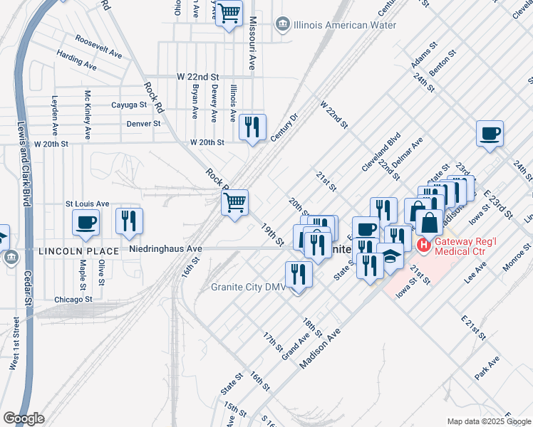 map of restaurants, bars, coffee shops, grocery stores, and more near 1920 Adams St in Granite City