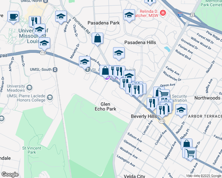 map of restaurants, bars, coffee shops, grocery stores, and more near 7260 Normandy Place in St. Louis