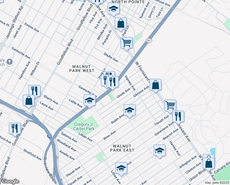 map of restaurants, bars, coffee shops, grocery stores, and more near 5412 Partridge Avenue in St. Louis
